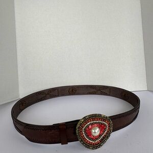 Genuine brown leather belt. Brown and Red Beaded buckle